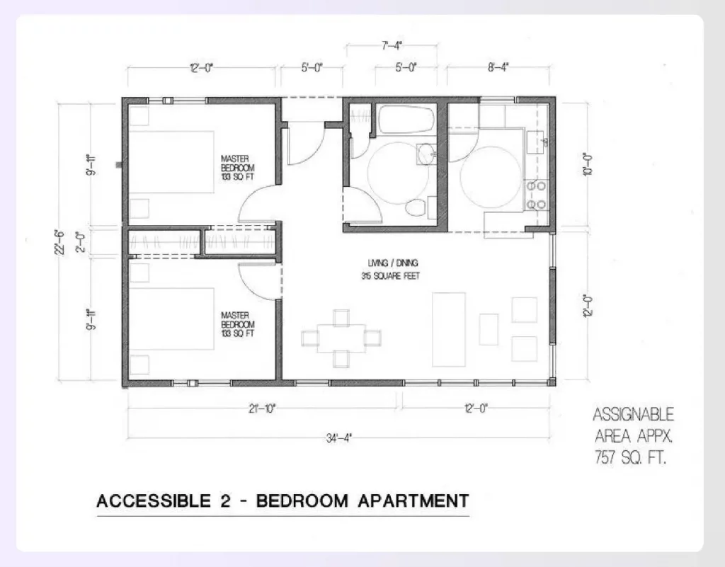 An ADA accessible 2-bedroom apartment floor plan