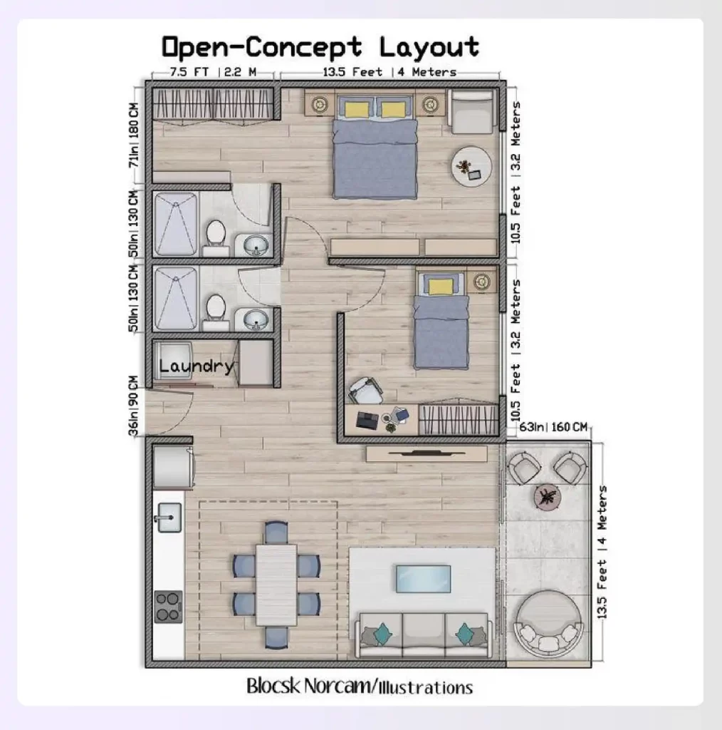 An open-concept 2-bedroom apartment floor plan