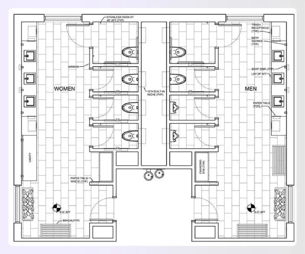 A 2D floor plan of a multi-stall restroom A 2D floor plan of a multi-stall restroom