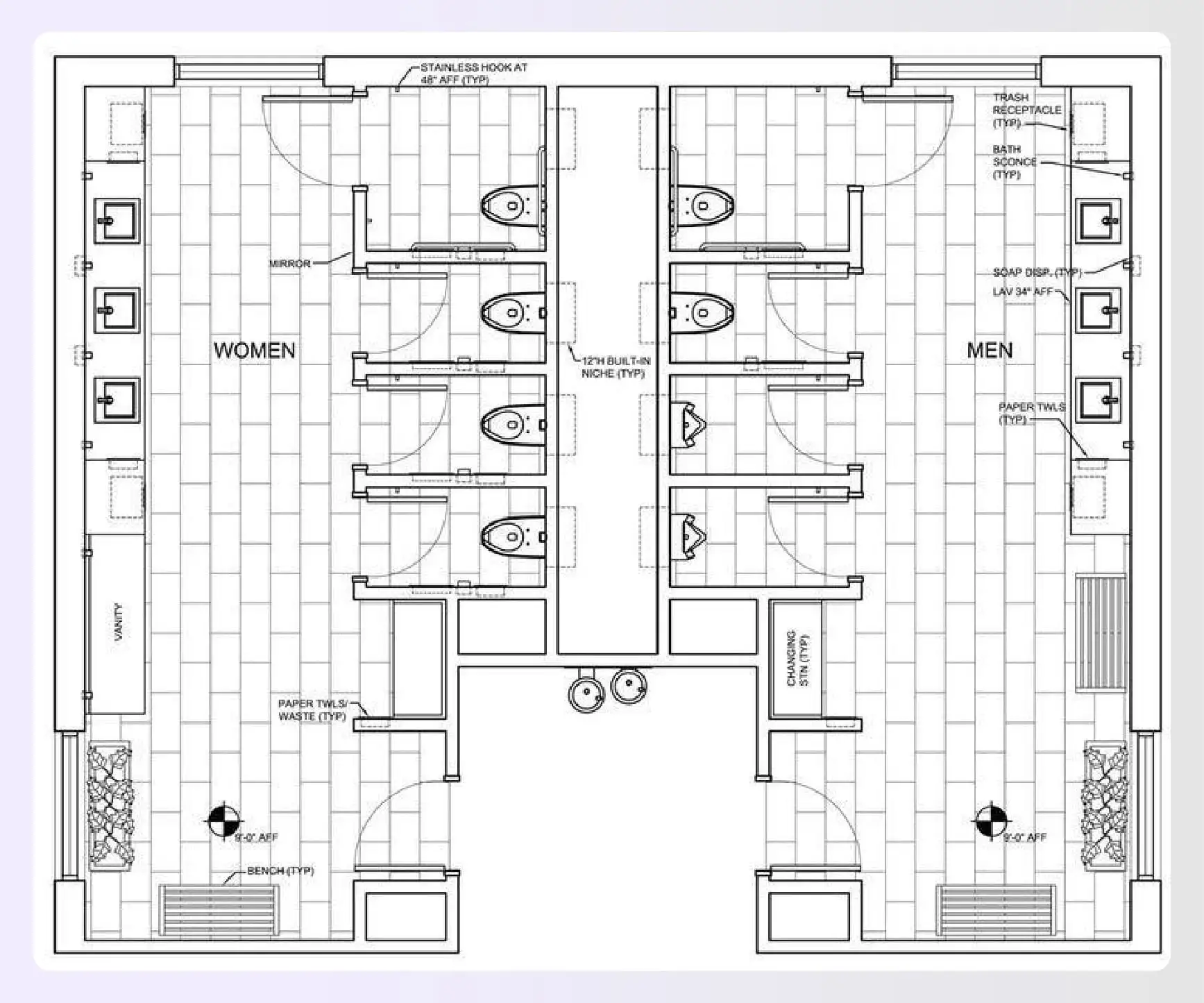 A 2D floor plan of a multi-stall restroom A 2D floor plan of a multi-stall restroom