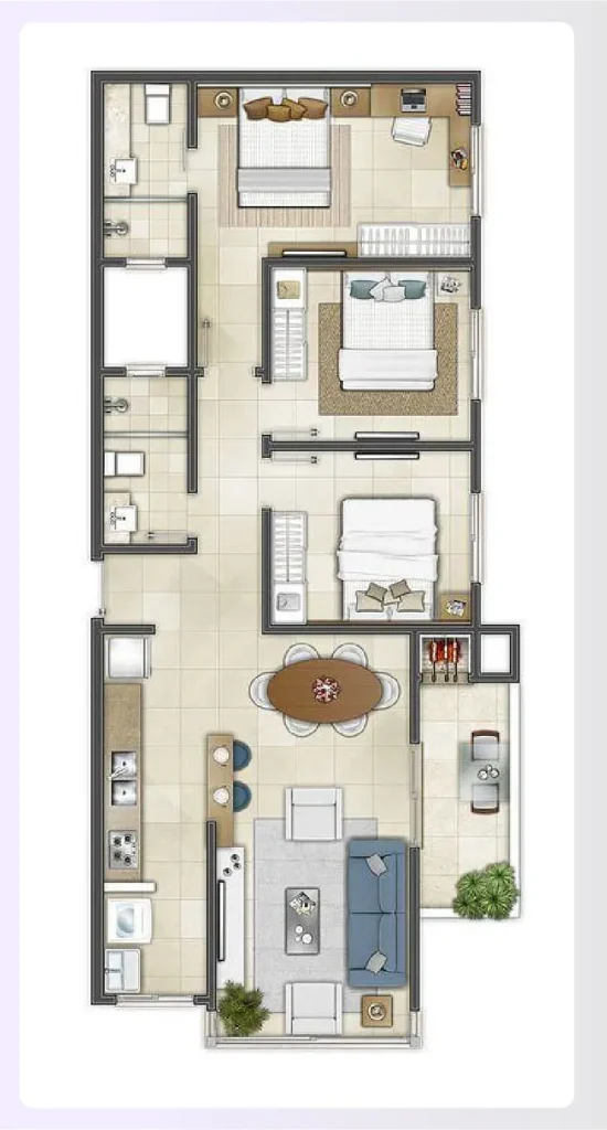 A 3-bedroom apartment floor plan with a home office A 3-bedroom apartment floor plan with a home office