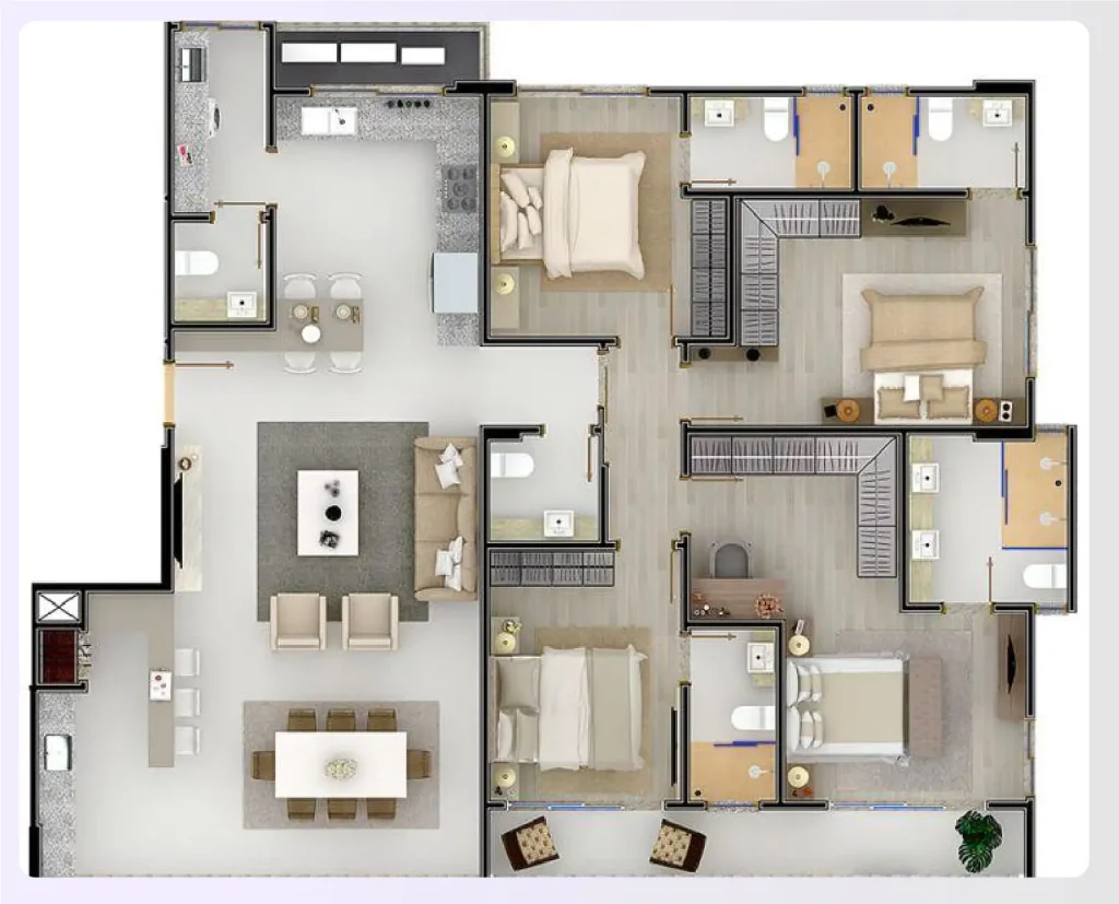 A 3-bedroom apartment floor plan with a servant's room A 3-bedroom apartment floor plan with a servant's room