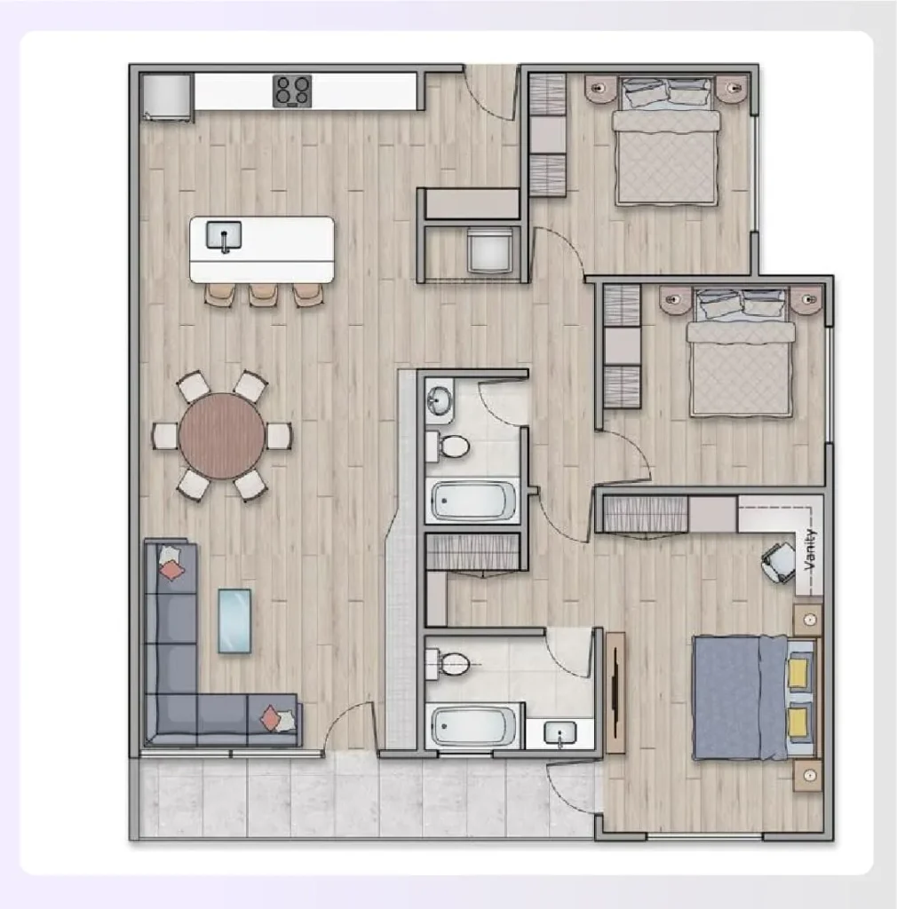 A 3-bedroom apartment floor plan with central living A 3-bedroom apartment floor plan with central living