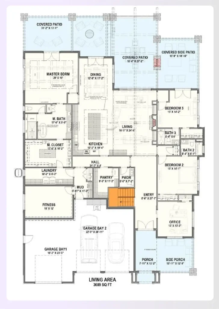 A 5-BR home plan featuring a walkout basement
