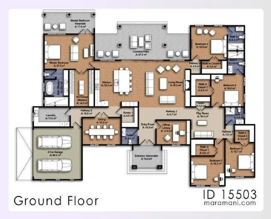 A 5-bedroom plan house with a home office