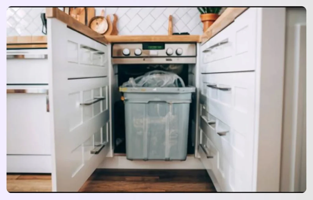A closed trash disposal hidden inside a cabinetย A closed trash disposal hidden inside a cabinetย