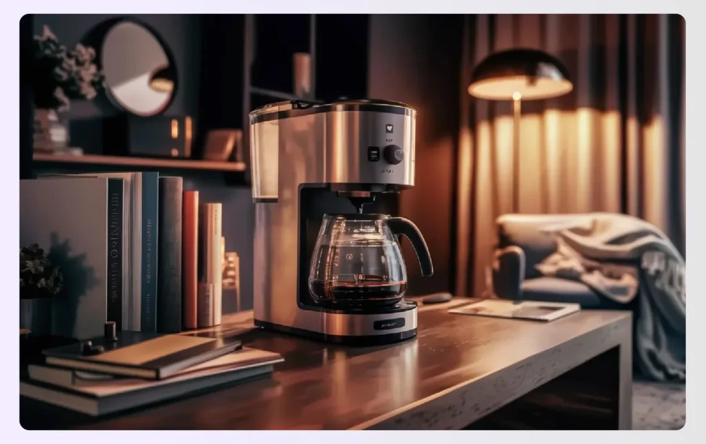 A coffee maker on a natural wood home office desk A coffee maker on a natural wood home office desk
