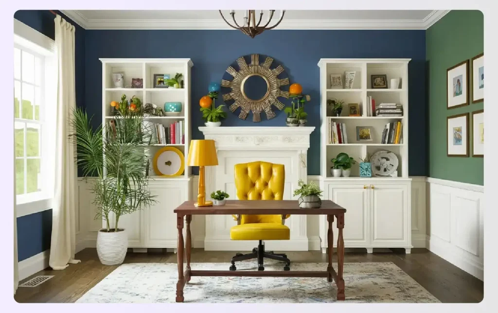 A colorful home office with blue walls and a yellow chair A colorful home office with blue walls and a yellow chair
