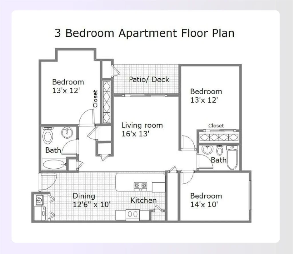 A compact 3-bedroom apartment floor plan layout A compact 3-bedroom apartment floor plan layout