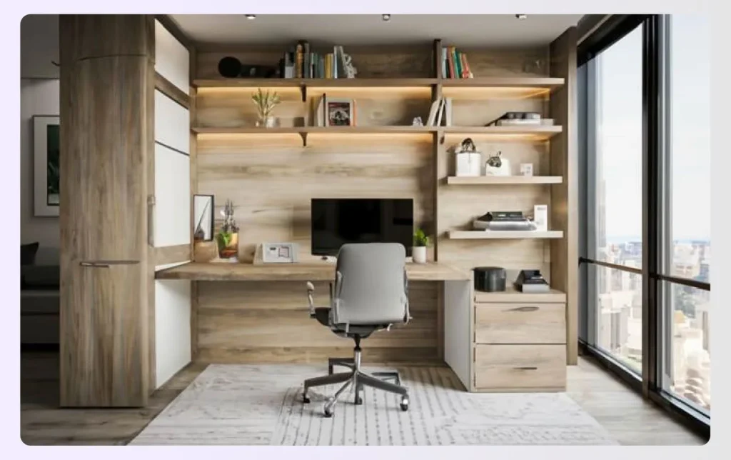 A compact, built-in desk in a small office nook A compact, built-in desk in a small office nook