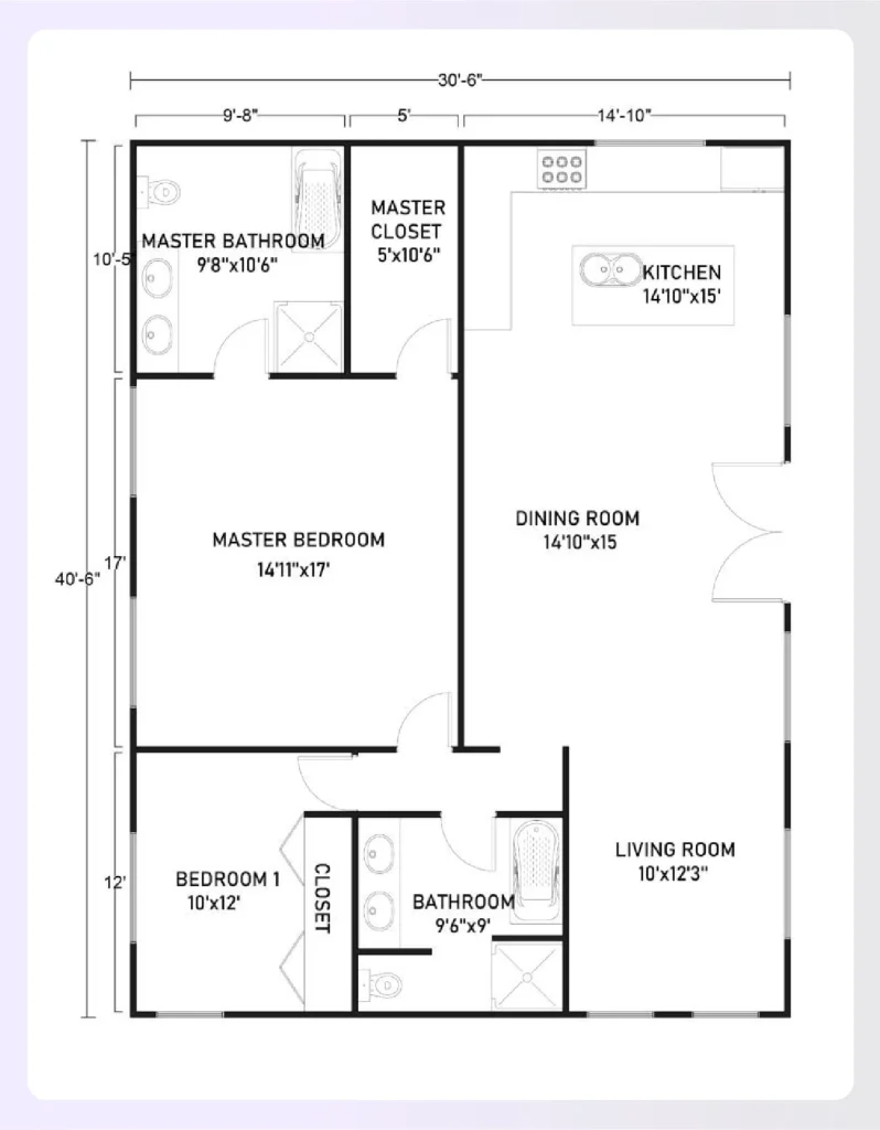 A compact two-bedroom barndominium floor plan layout