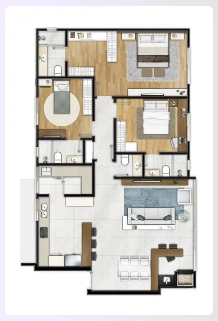 A corner unit 3-bedroom apartment floor plan layout A corner unit 3-bedroom apartment floor plan layout