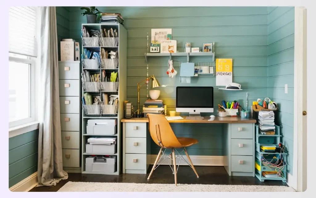 A home office with a tall filing system and shelves A home office with a tall filing system and shelves