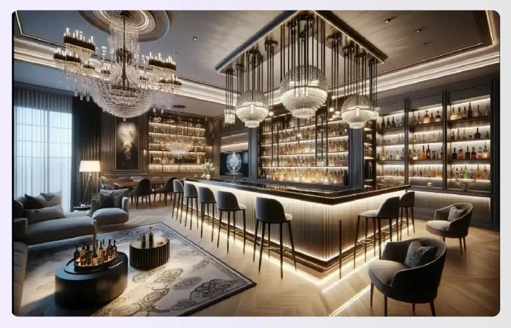 A luxurious home bar with chandeliers and LED lighting A luxurious home bar with chandeliers and LED lighting