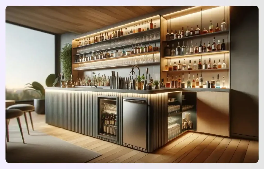 A modern home back bar with open shelves and fridges A modern home back bar with open shelves and fridges