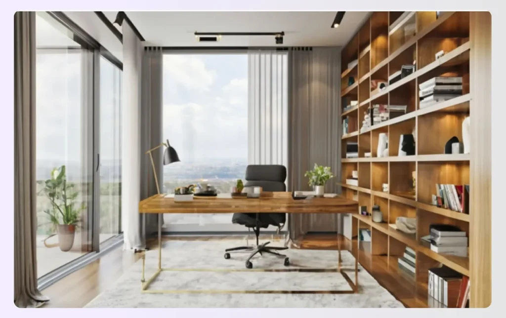 A modern home office desk facing a large window A modern home office desk facing a large window
