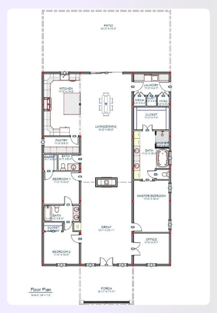 A monitor-style barndominium home plan layout