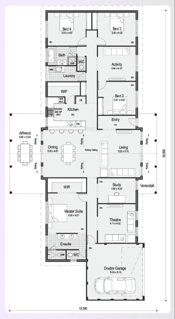 A narrow lot 5 br house plan layout