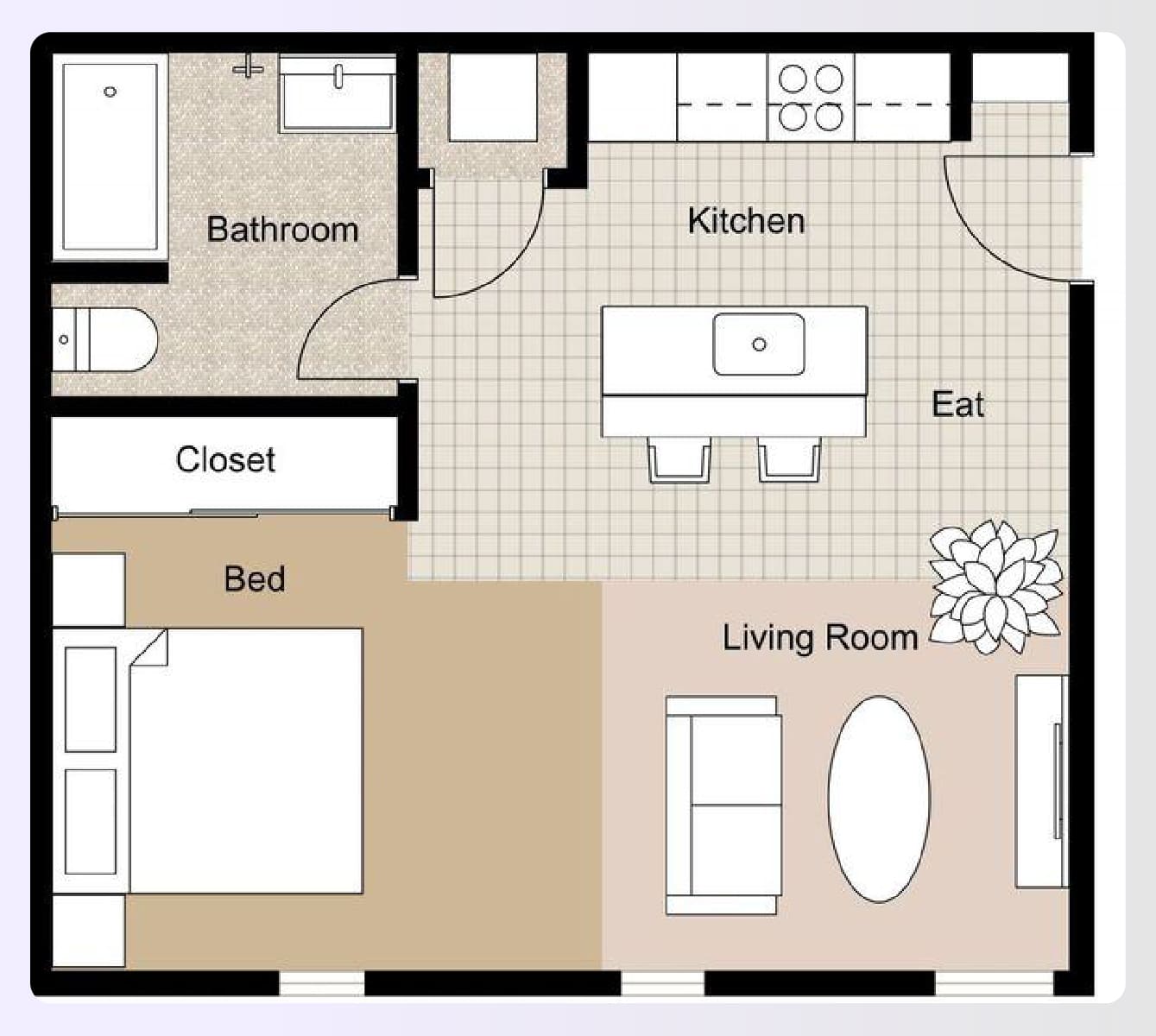 A one-bedroom apartment layout plan featuring a functional kitchen island A one-bedroom apartment layout plan featuring a functional kitchen island