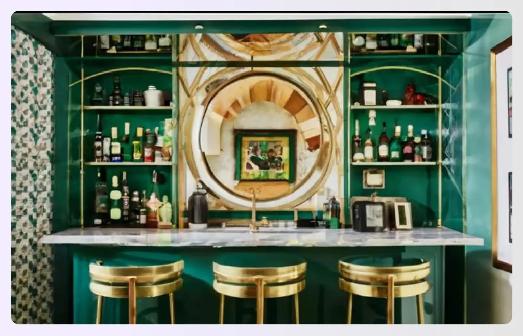 A personalized, emerald green home bar with gold accents A personalized, emerald green home bar with gold accents