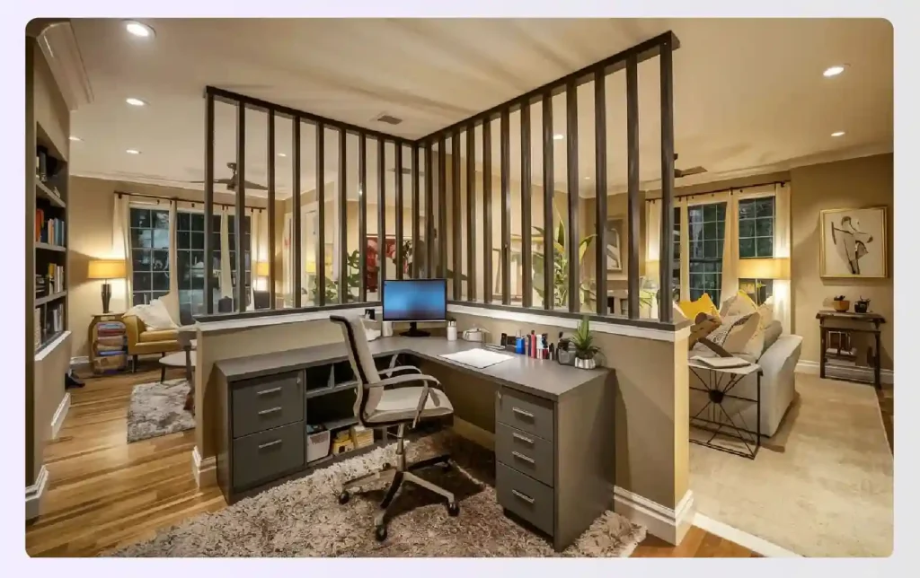 A room divider creating a separate room for an office A room divider creating a separate room for an office