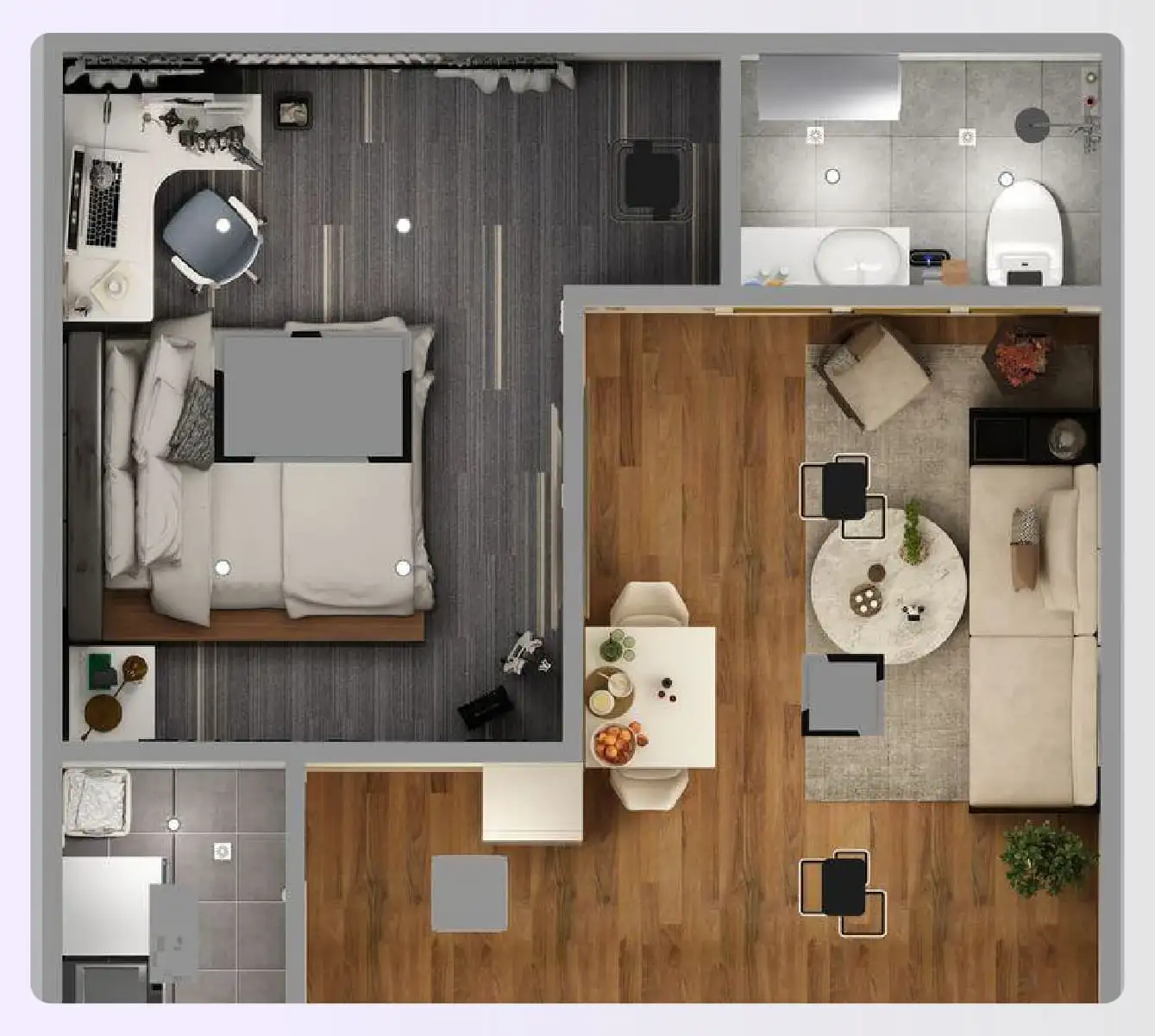 A simple 1-bedroom apartment floor plan design with a home office A simple 1-bedroom apartment floor plan design with a home office