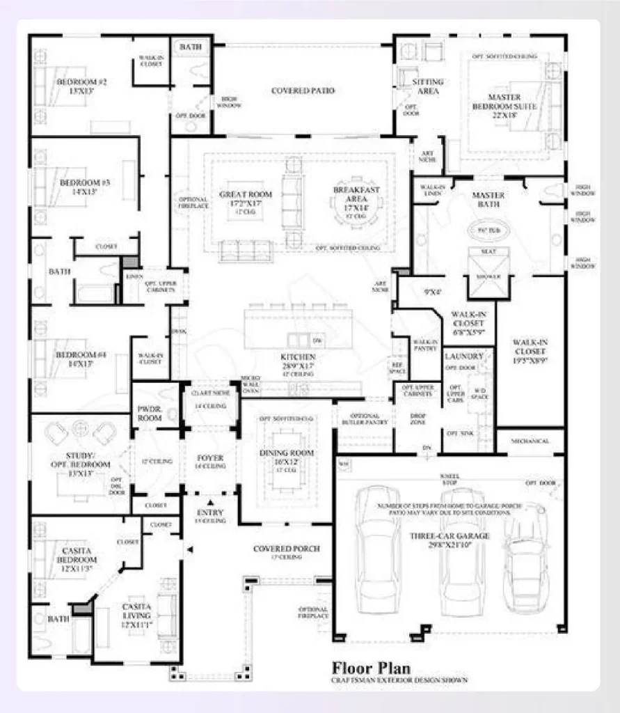 A single-story 5 br home plan floor plan