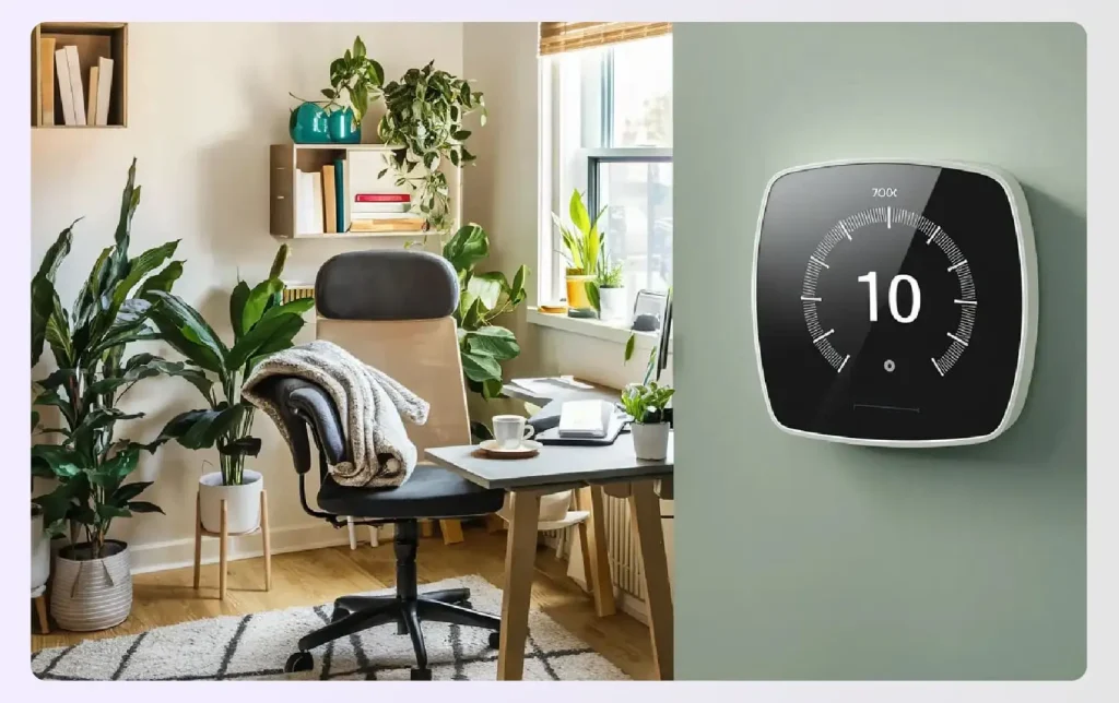 A smart thermostat on the wall of a home office A smart thermostat on the wall of a home office