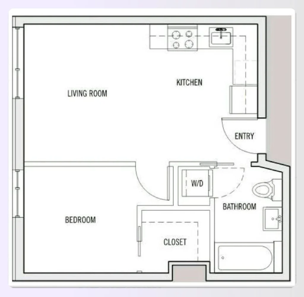 A spacious apartment 1-bedroom floor plan with a walk-in closet A spacious apartment 1-bedroom floor plan with a walk-in closet