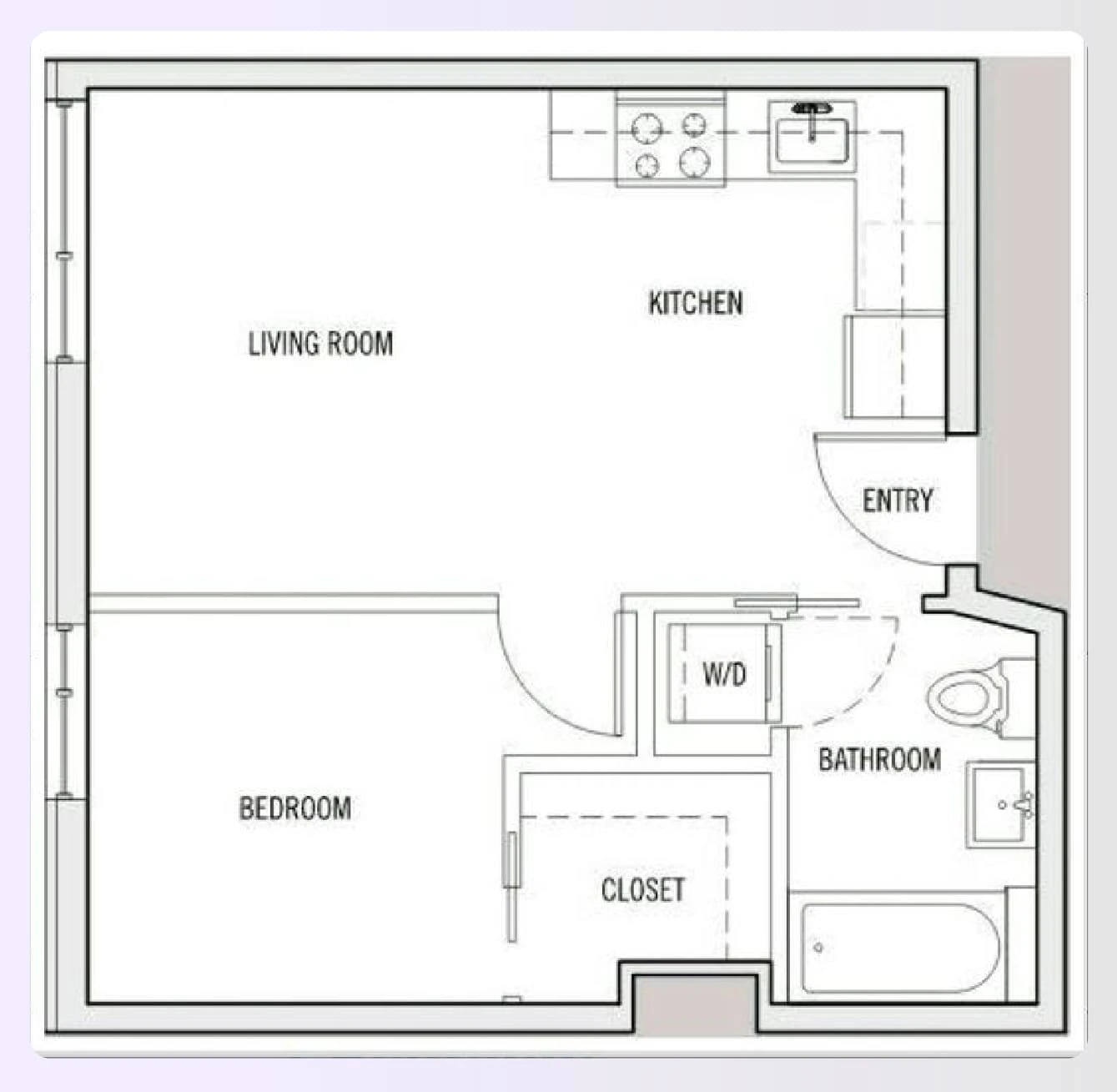 A spacious apartment 1-bedroom floor plan with a walk-in closet A spacious apartment 1-bedroom floor plan with a walk-in closet