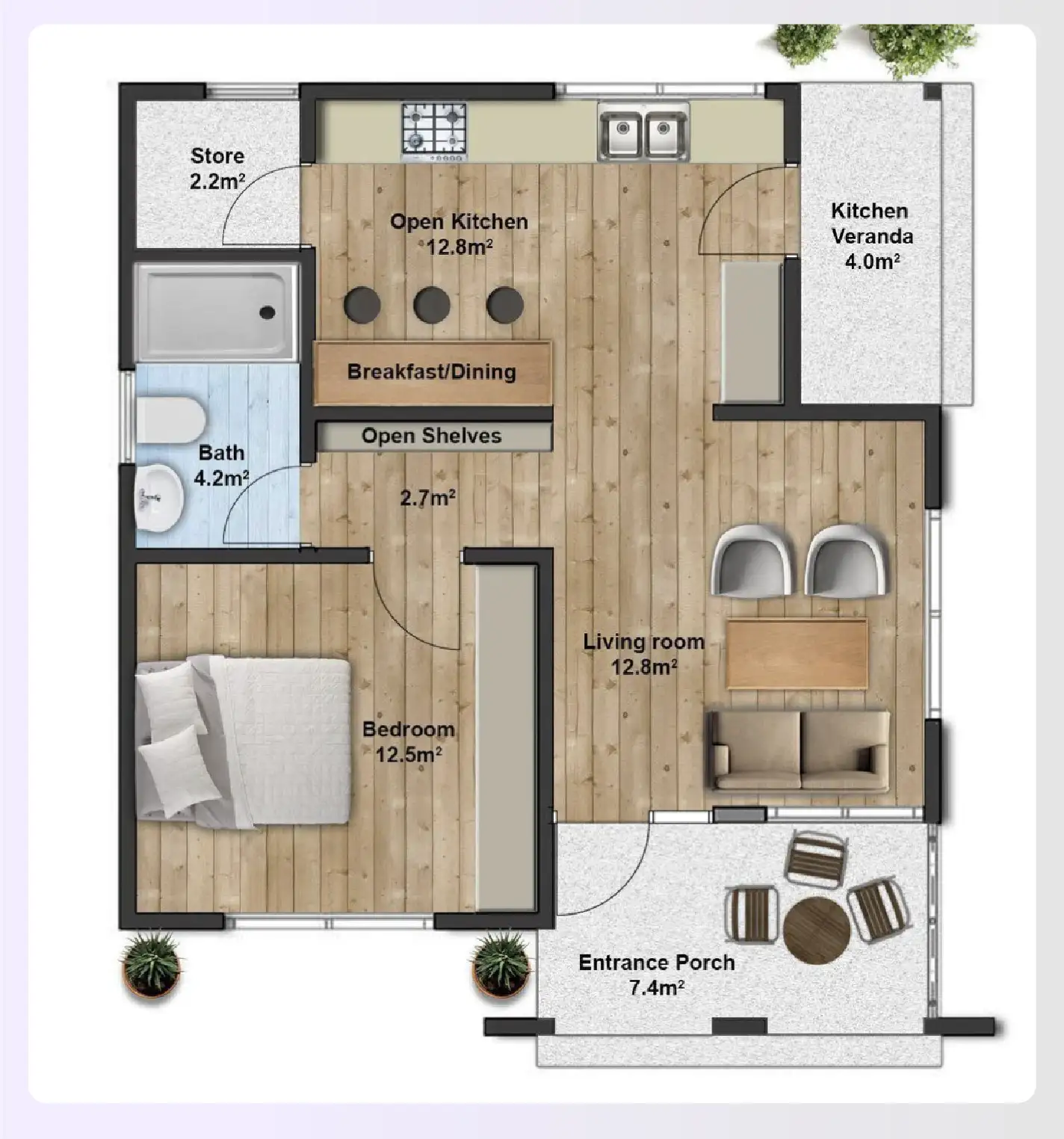 A studio-style layout with a creative room divider A studio-style layout with a creative room divider