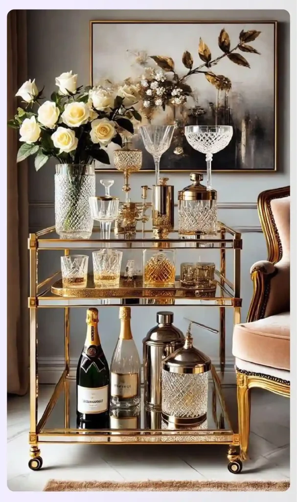 A stylish gold bar cart with bottles and glasses A stylish gold bar cart with bottles and glasses