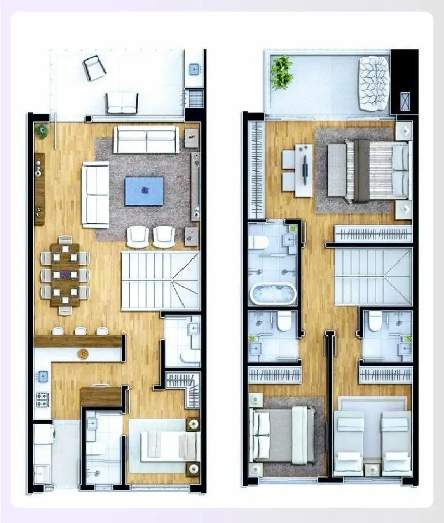 A two-floor duplex 3-bedroom apartment floor plan A two-floor duplex 3-bedroom apartment floor plan