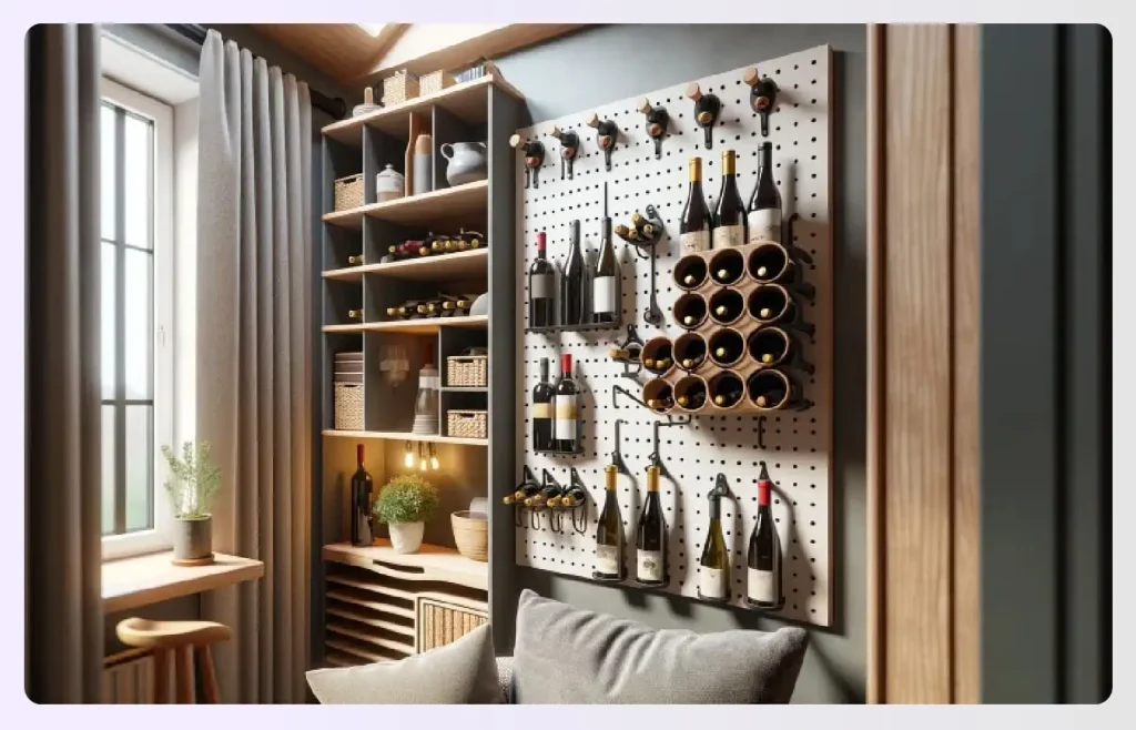 A wall-mounted pegboard and rack holding wine bottles A wall-mounted pegboard and rack holding wine bottles