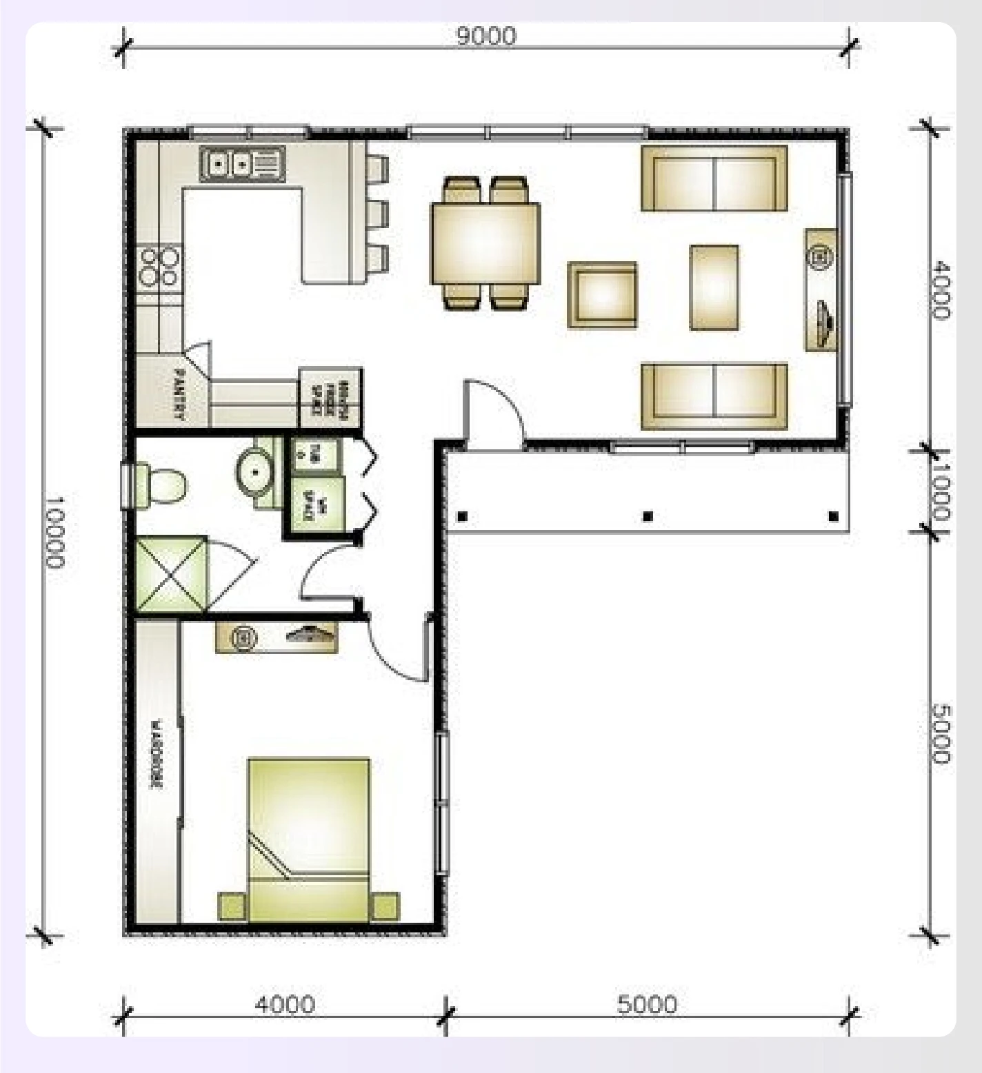 An L-shaped 1-bedroom apartment floor plan with distinct zones An L-shaped 1-bedroom apartment floor plan with distinct zones