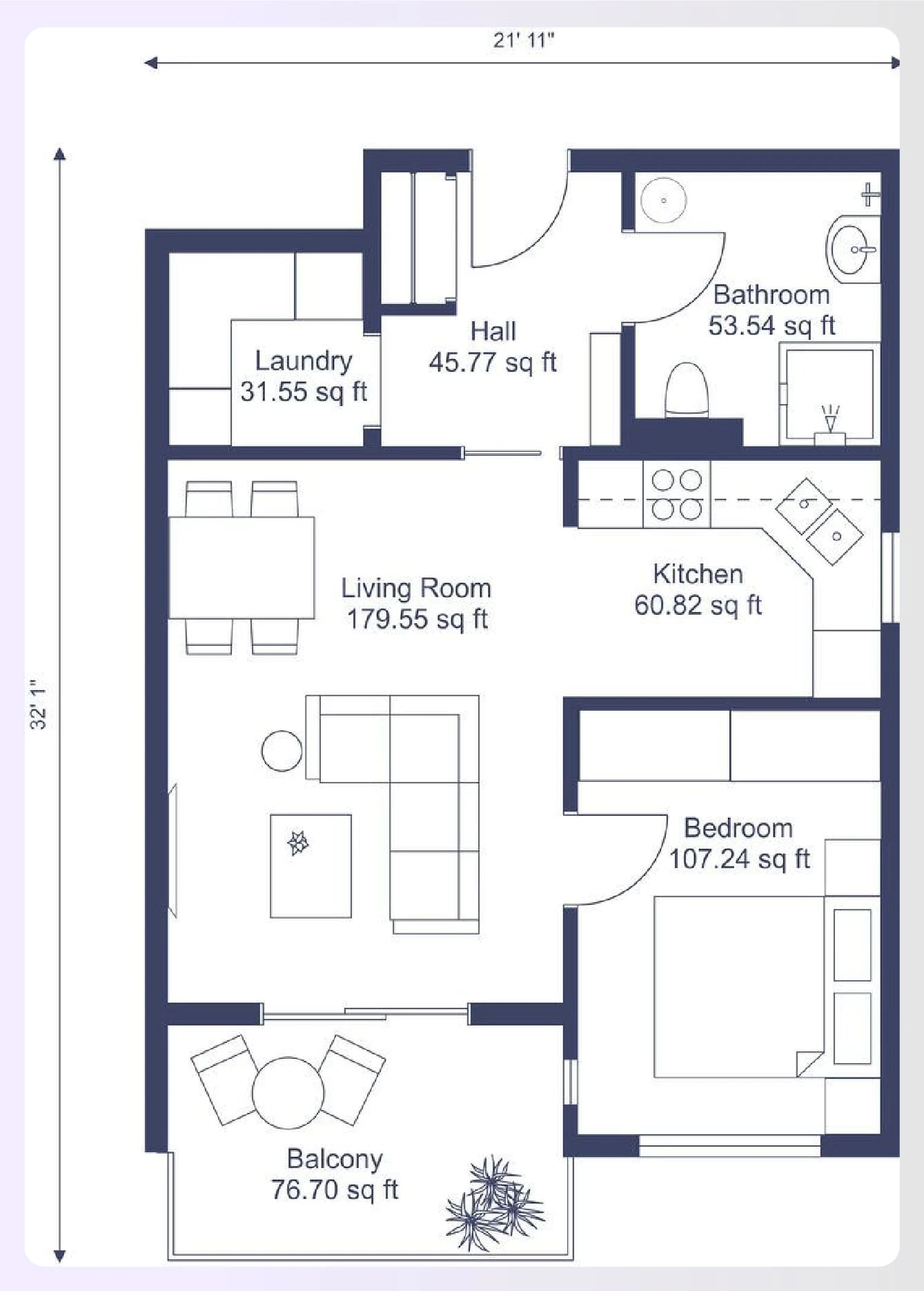 An apartment 1-bedroom floor plan layout with a private balcony An apartment 1-bedroom floor plan layout with a private balcony