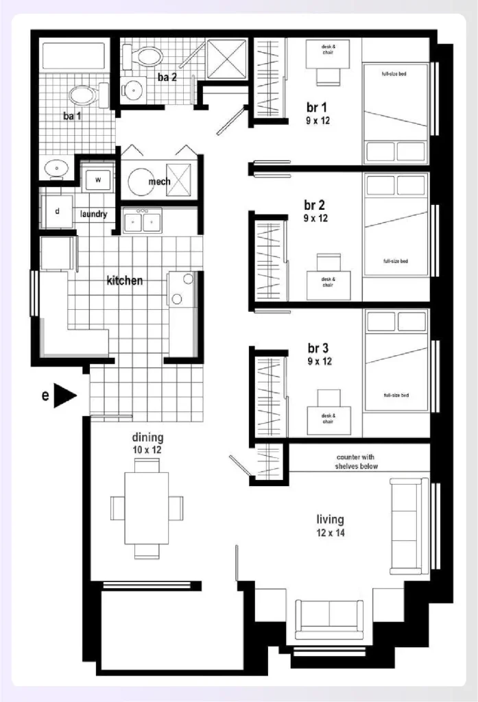 An open-concept 3-bedroom floor plan apartment An open-concept 3-bedroom floor plan apartment
