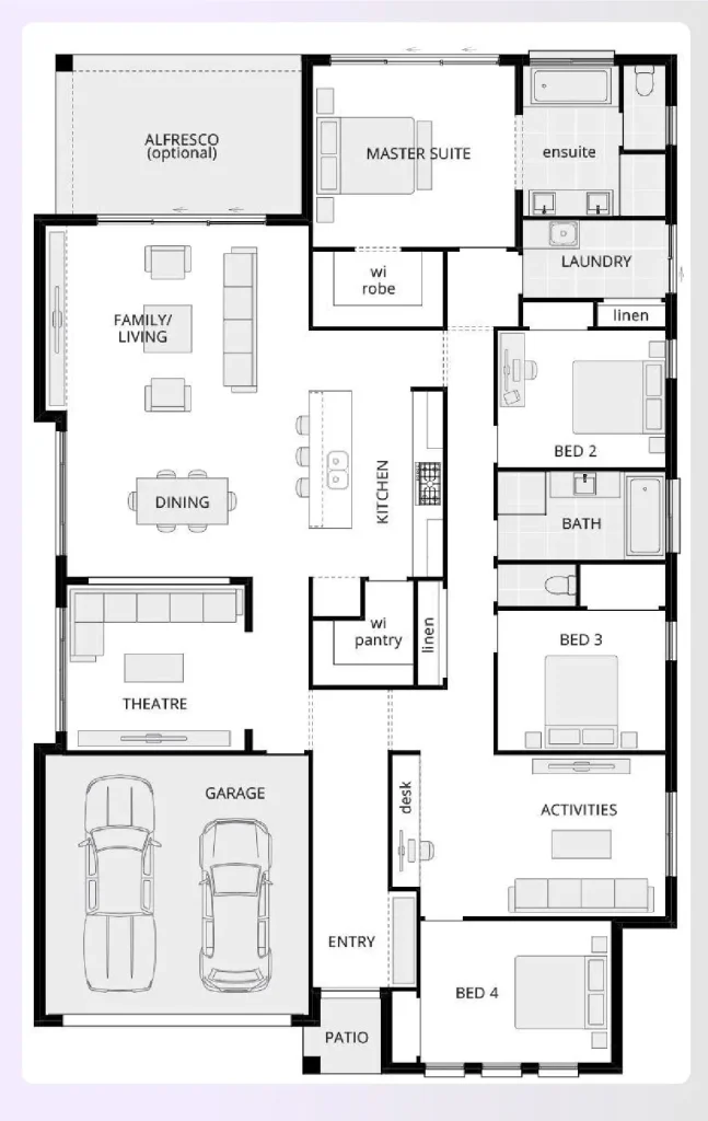 An open-concept 5-bedroom home plan layout