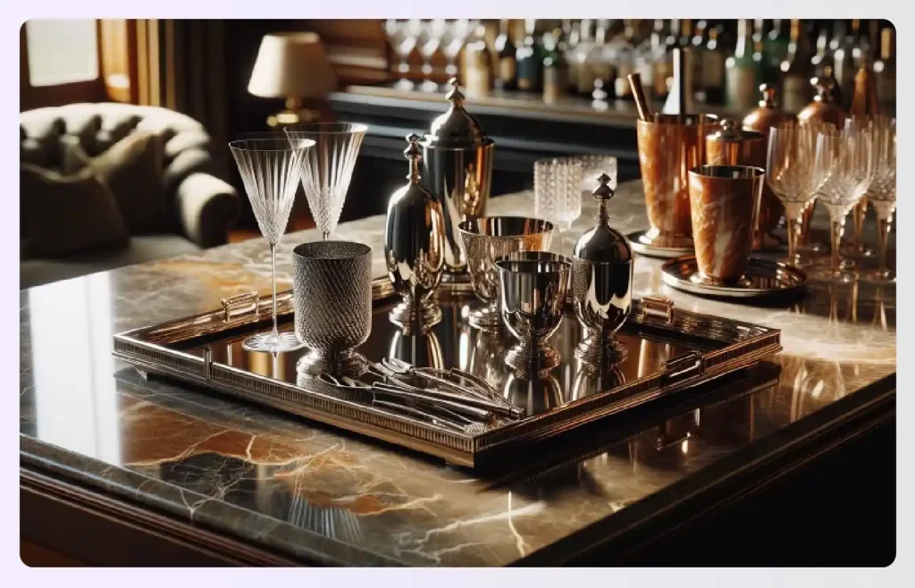 An ornate metallic serving tray with glasswareย An ornate metallic serving tray with glasswareย