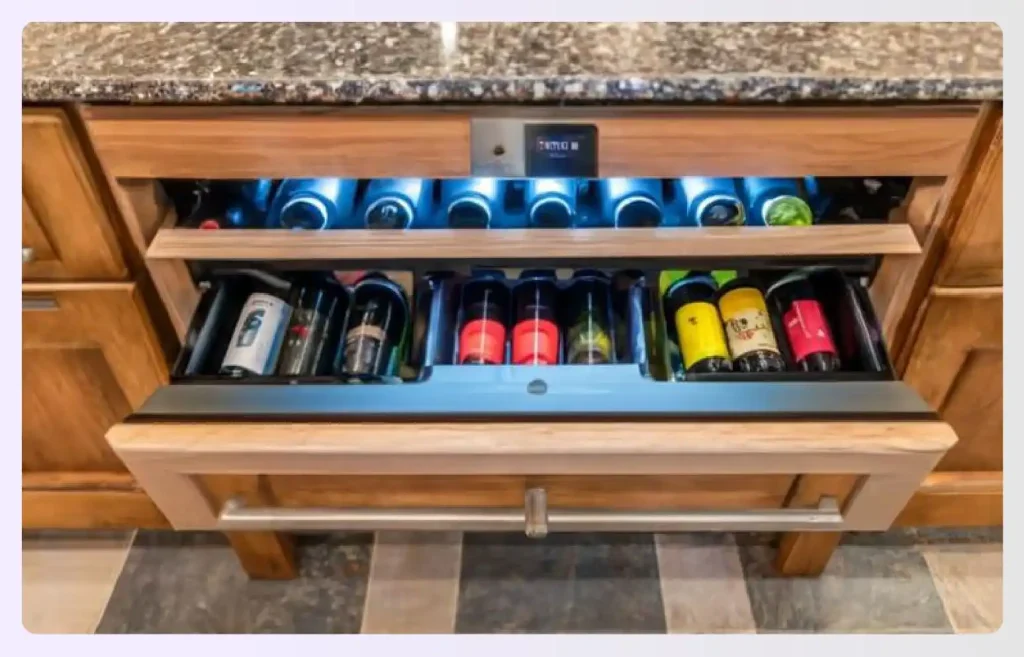 An under-counter wine cooler drawer, lit with blue LEDs An under-counter wine cooler drawer, lit with blue LEDs