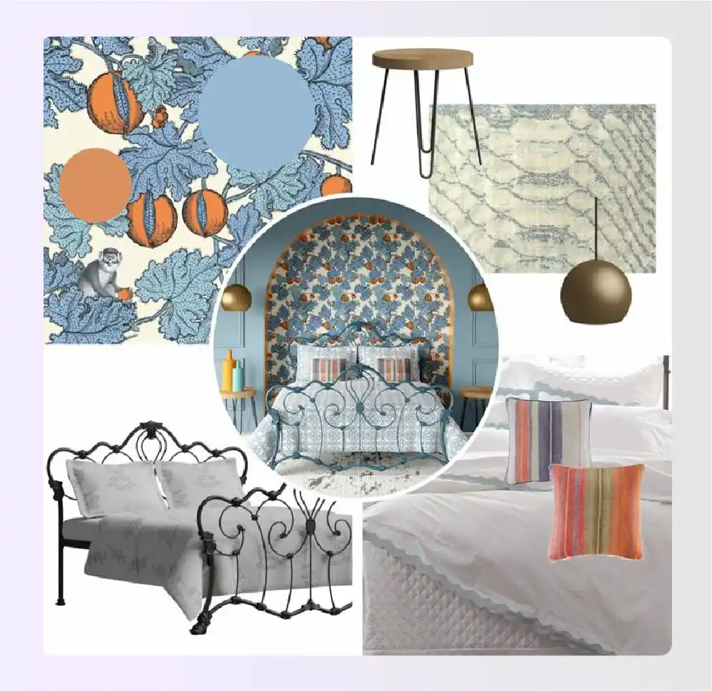 Bedroom mood board with bold textures and patterns