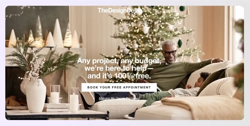 Crate & Barrel Design Desk interface showing complimentary interior design consultation and floor planning services