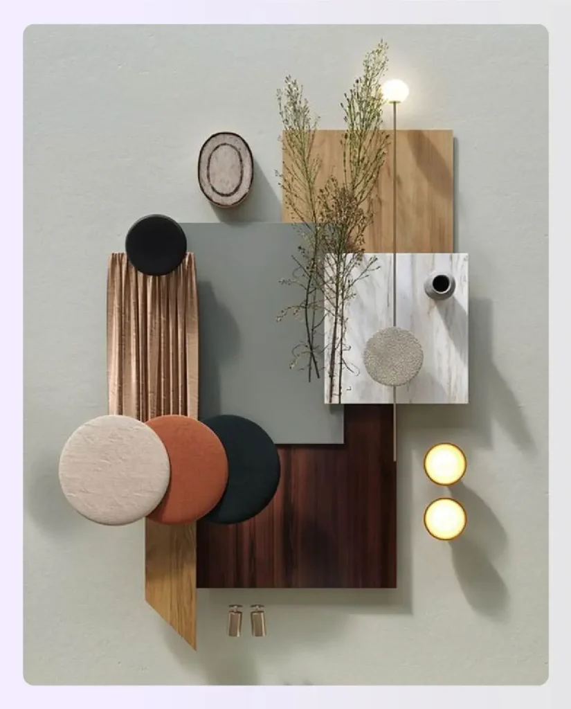 Detailed mood board with wood, metal, and fabric