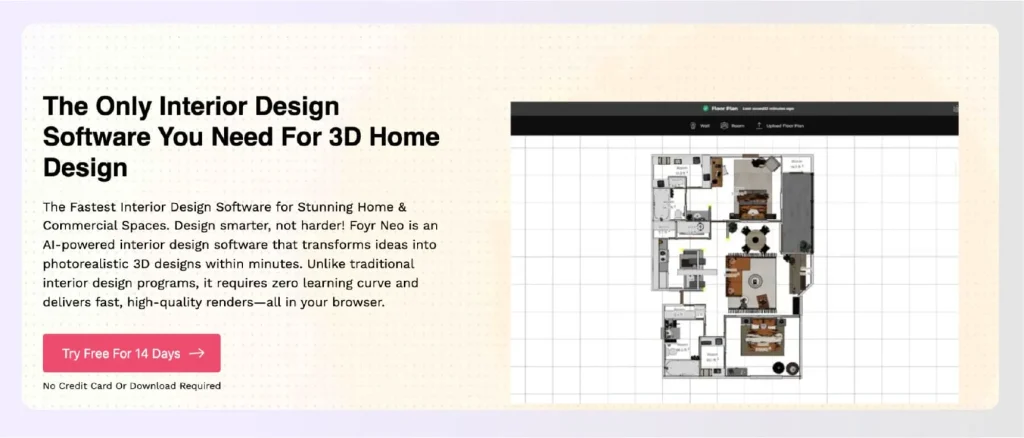 Foyr Neo's browser-based interface showing 3D interior design workspace with photorealistic rendering capabilities