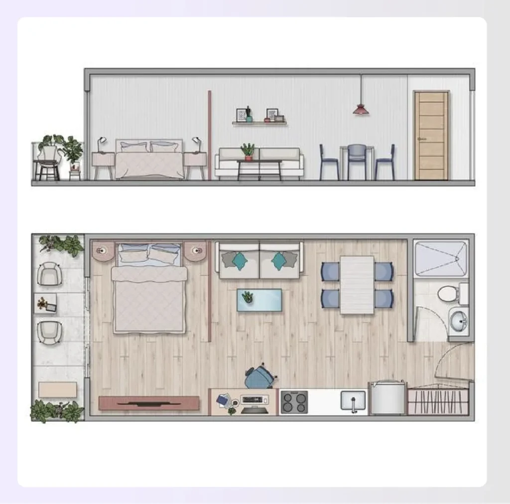 Galley studio apartment floor plan layout