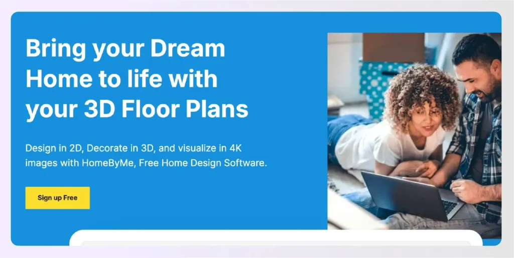 HomeByMe's 3D visualization interface featuring branded furniture catalog and realistic room rendering