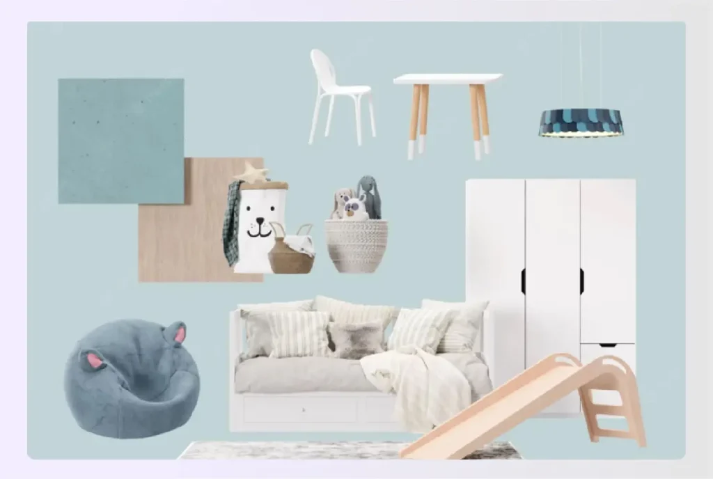 Kids' bedroom mood board with slide