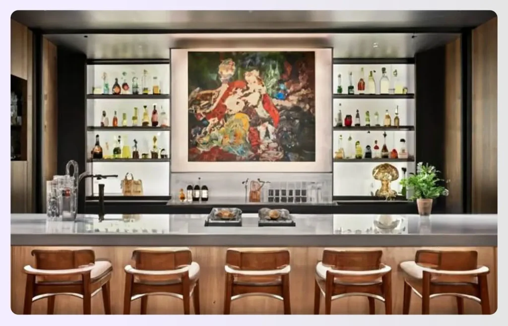 Large statement artwork behind a home bar Large statement artwork behind a home bar