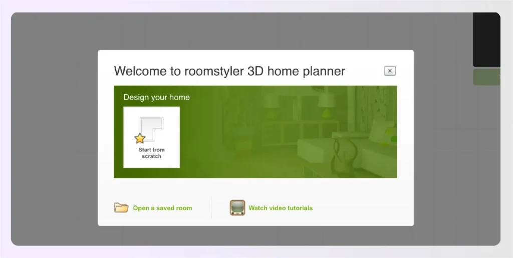 Roomstyler's drag-and-drop interface displaying simple 3D room planning with furniture library