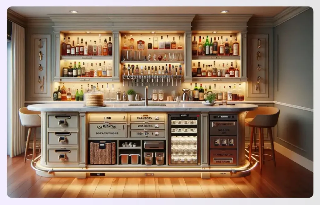 Under-bar storage with sink, fridge, and drawers Under-bar storage with sink, fridge, and drawers